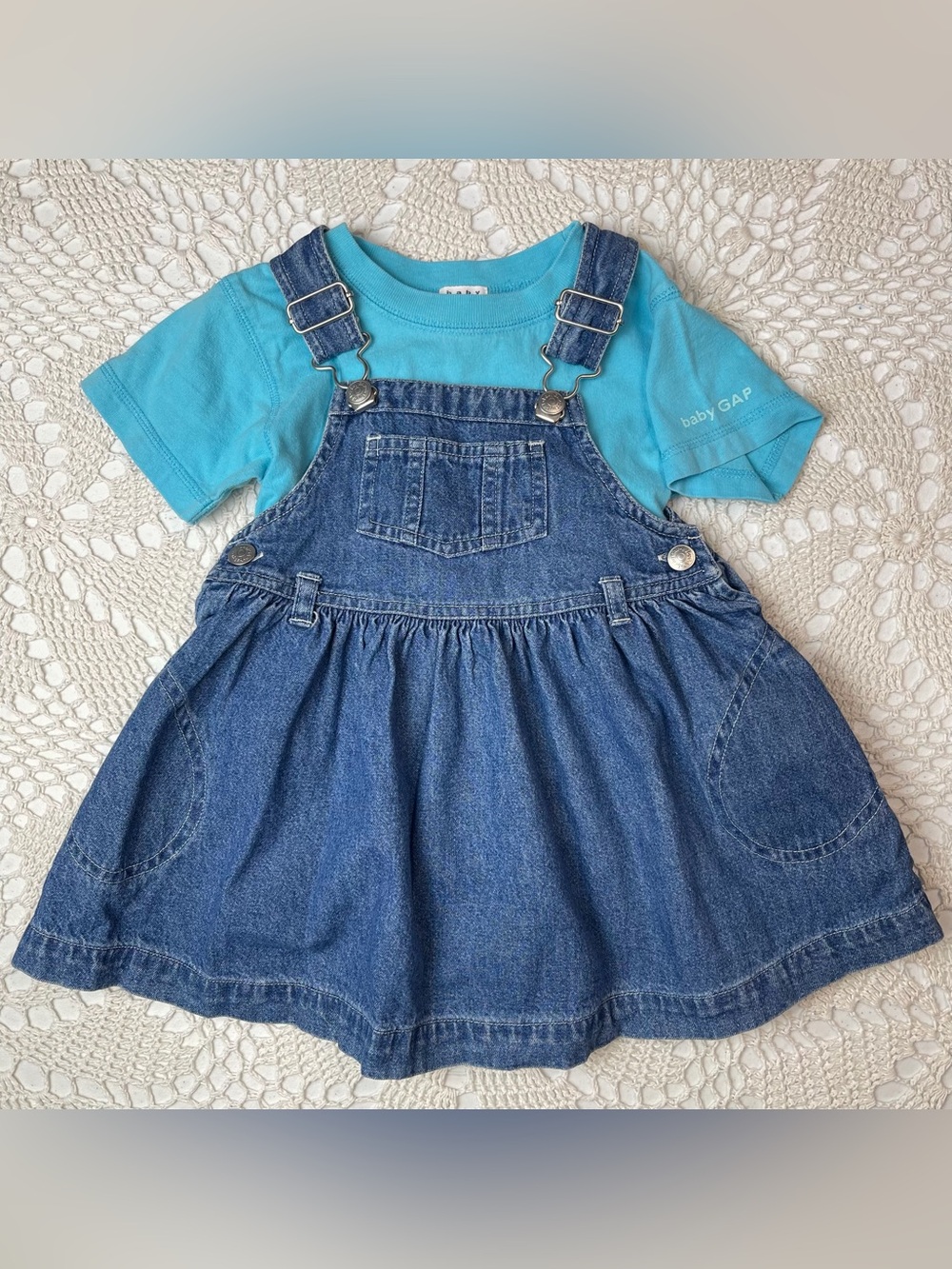 Vintage 1990s Baby Gap Girls 18 Months Denim Overalls Dress Bodysuit Outfit